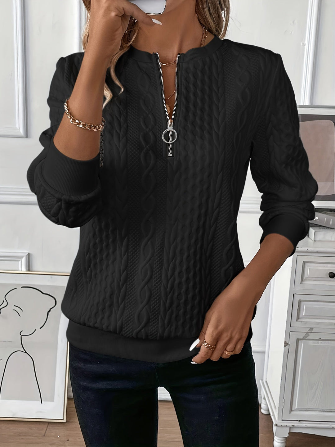 Zoey - Dame Helårssæson Kabelstrik Sweater Med Lynlås