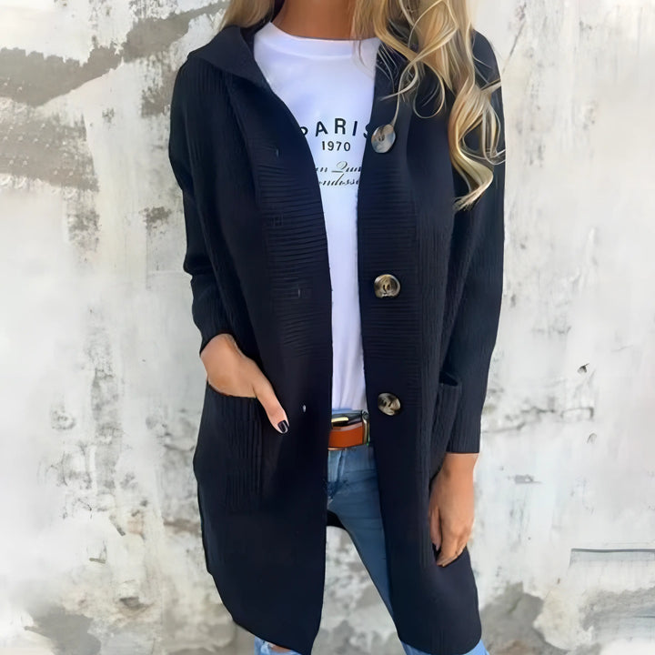 Ellie - Dame Hyggelig Knaplukket Hættet Cardigan